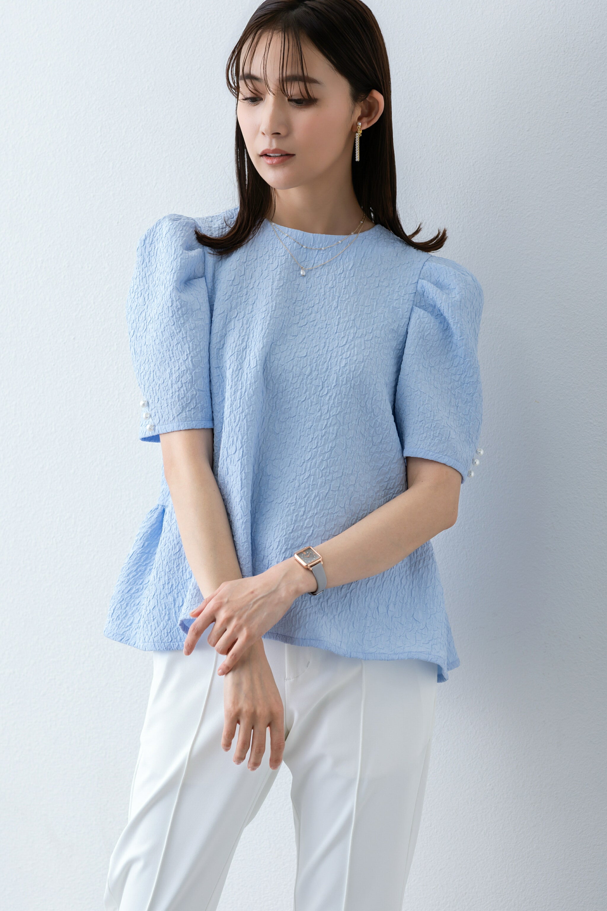 Machine-washable】エアリージャカードペプラムブラウス – Ame no chi Hare